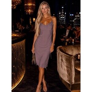 Glam Y2K Satin Slip Dress Medium Mauve Cowl Neck Side Ruched CBK Style